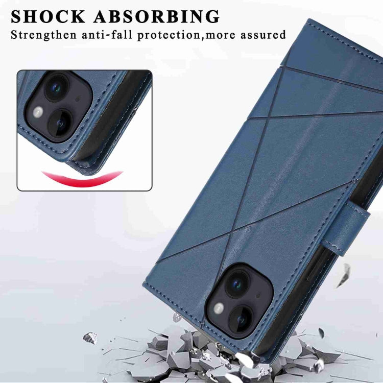 For iPhone 14 PU Genuine Leather Texture Embossed Line Phone Case in black with card slots and wrist strap, showcasing its stylish design and functionality.